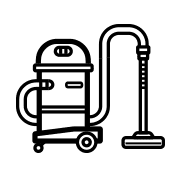 Un icono en blanco y negro de una aspiradora sobre un fondo blanco.