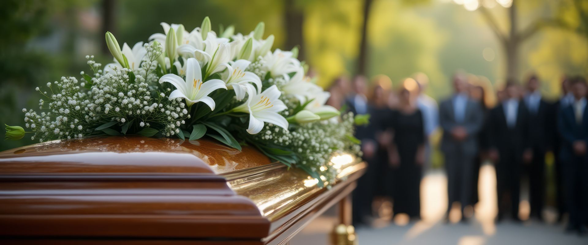 Des fleurs blanches ornent un cercueil poli, avec des personnes en deuil floues en arrière-plan.