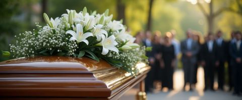 Des fleurs blanches ornent un cercueil poli, avec des personnes en deuil.