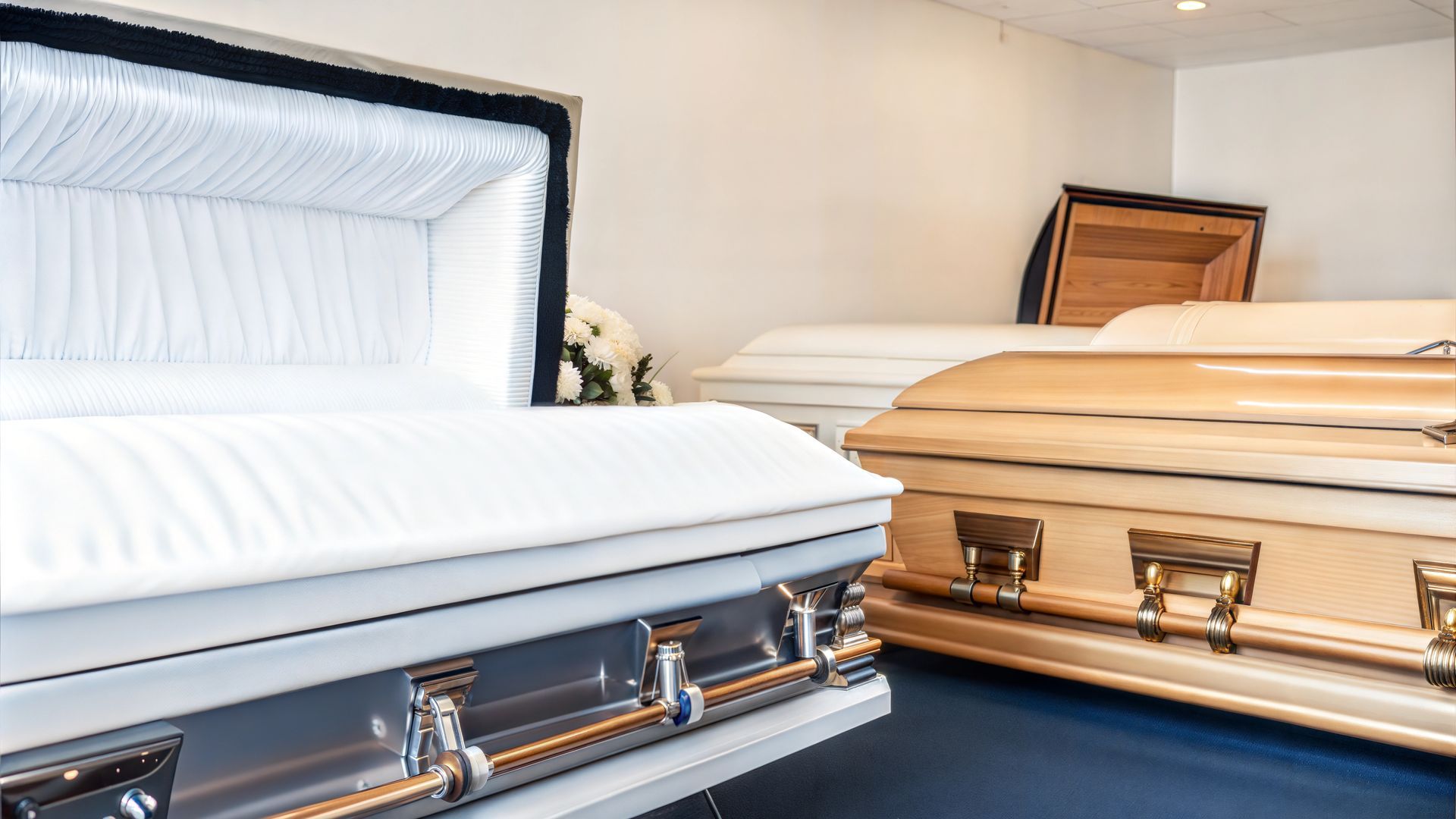 Deux cercueils ouverts dans une maison funéraire, l'un blanc et l'autre beige, présentés côte à côte.