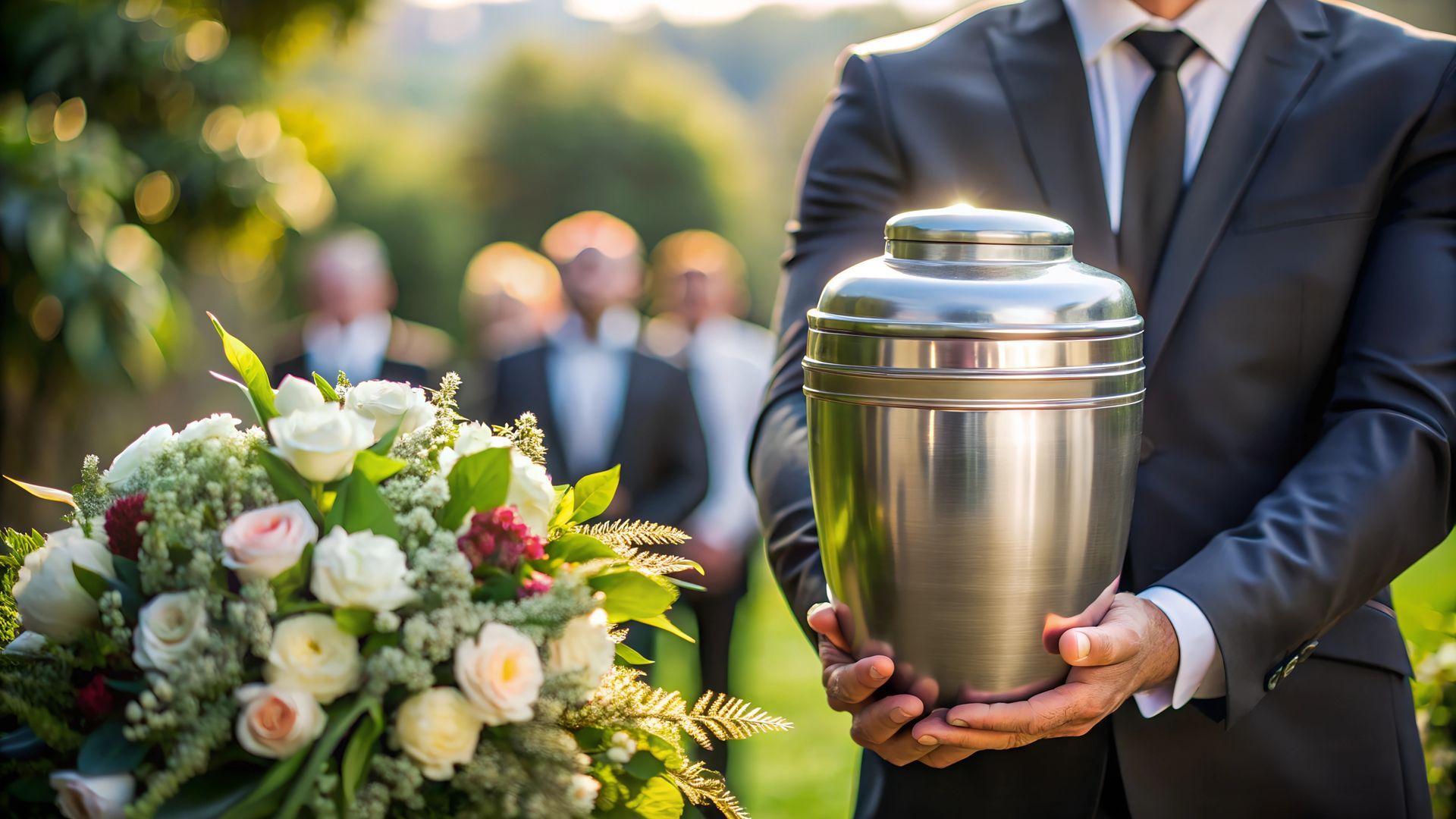 Lors d'une cérémonie commémorative en extérieur, des personnes en deuil portent une urne funéraire en argent à côté d'une couronne de fleurs.