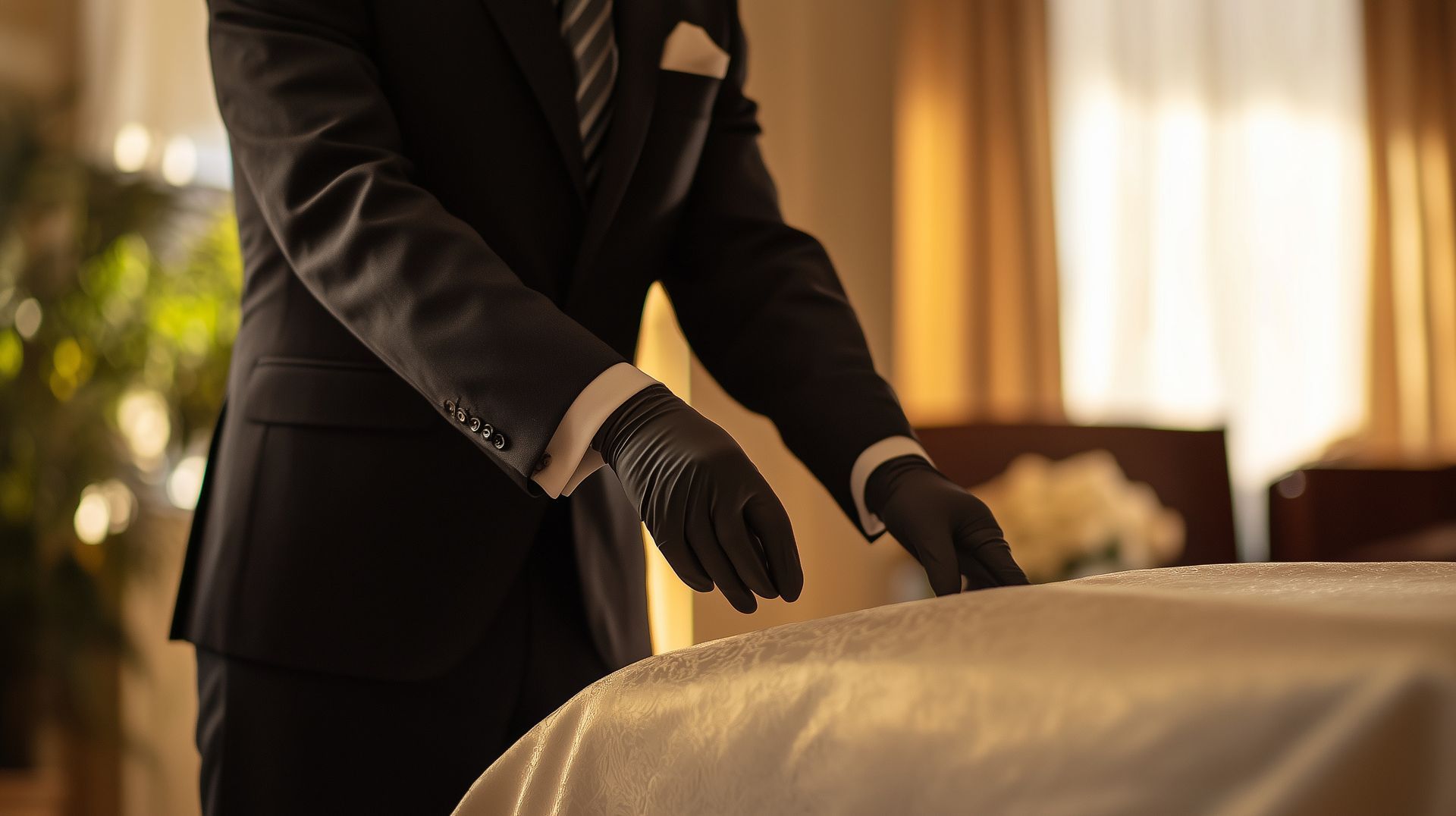 Une personne portant des gants noirs fait un lit dans une chambre à l'éclairage chaleureux.