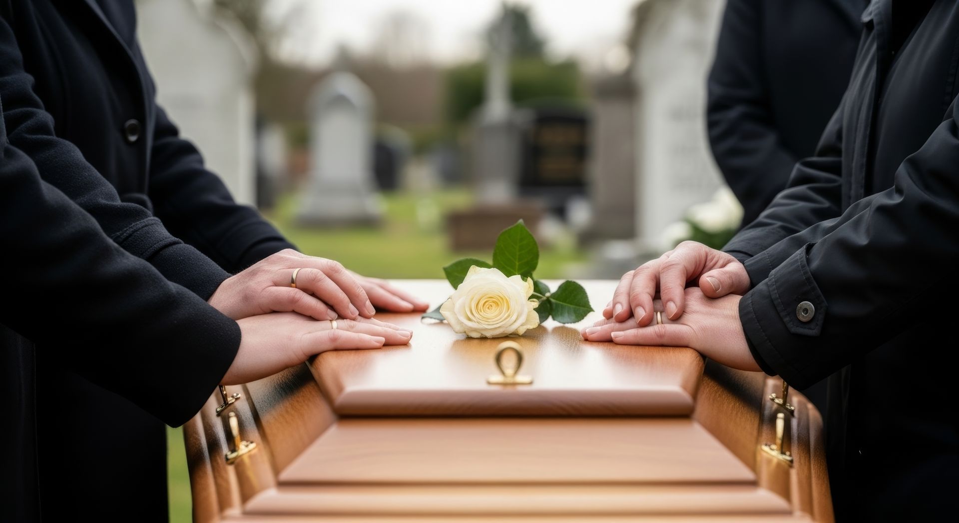 Des mains posées sur un cercueil poli orné d'une rose blanche lors d'une cérémonie funéraire.