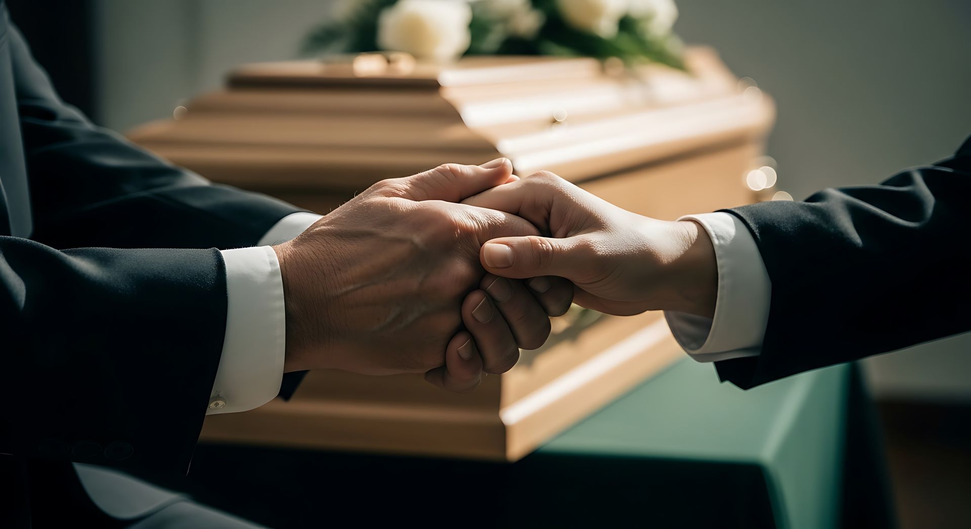 Deux personnes se tiennent la main devant un cercueil en bois lors d'une cérémonie funéraire.