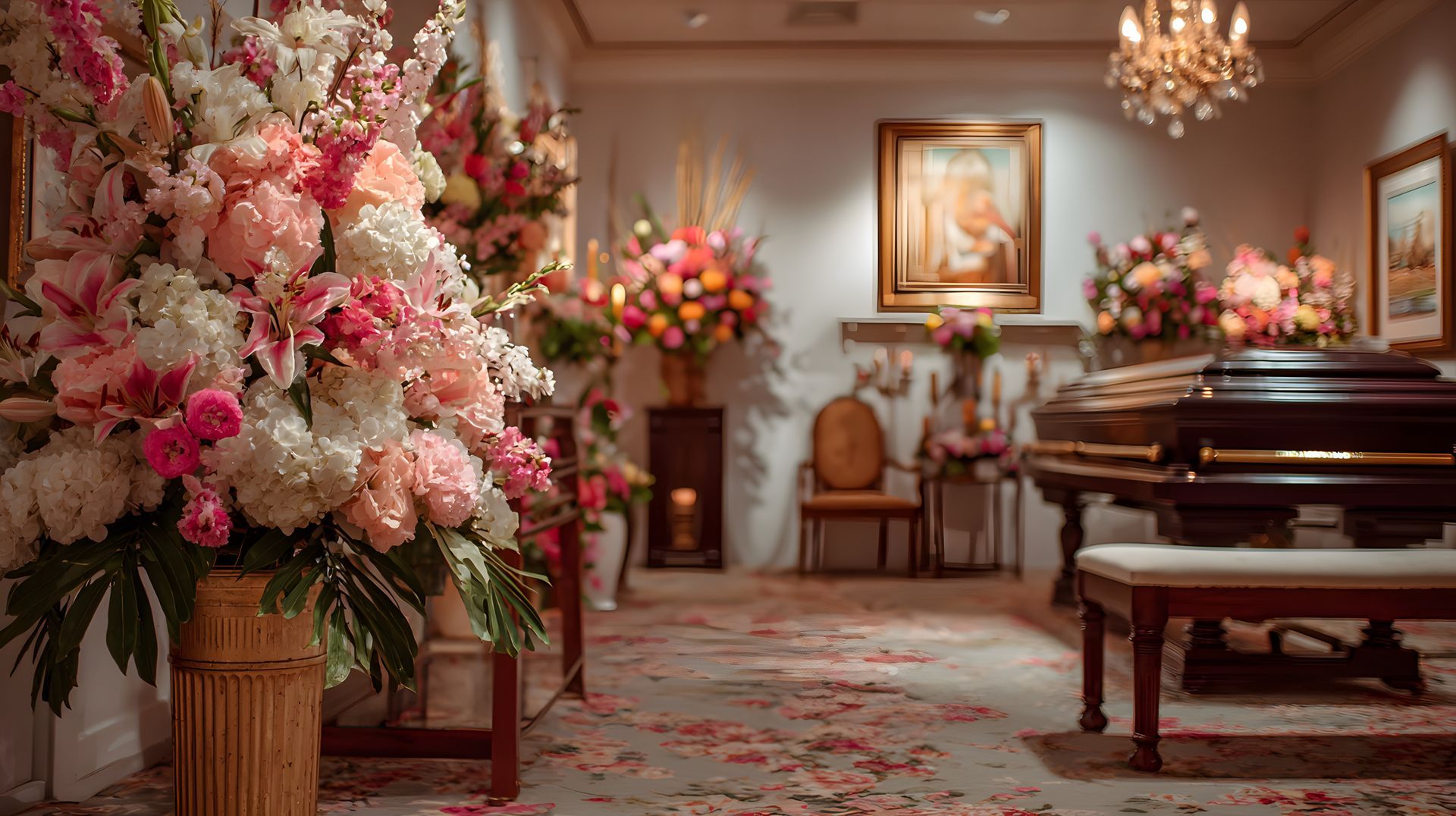 Chambre élégante avec un cercueil, des lustres, des compositions florales et des tableaux encadrés dans une ambiance chaleureuse.