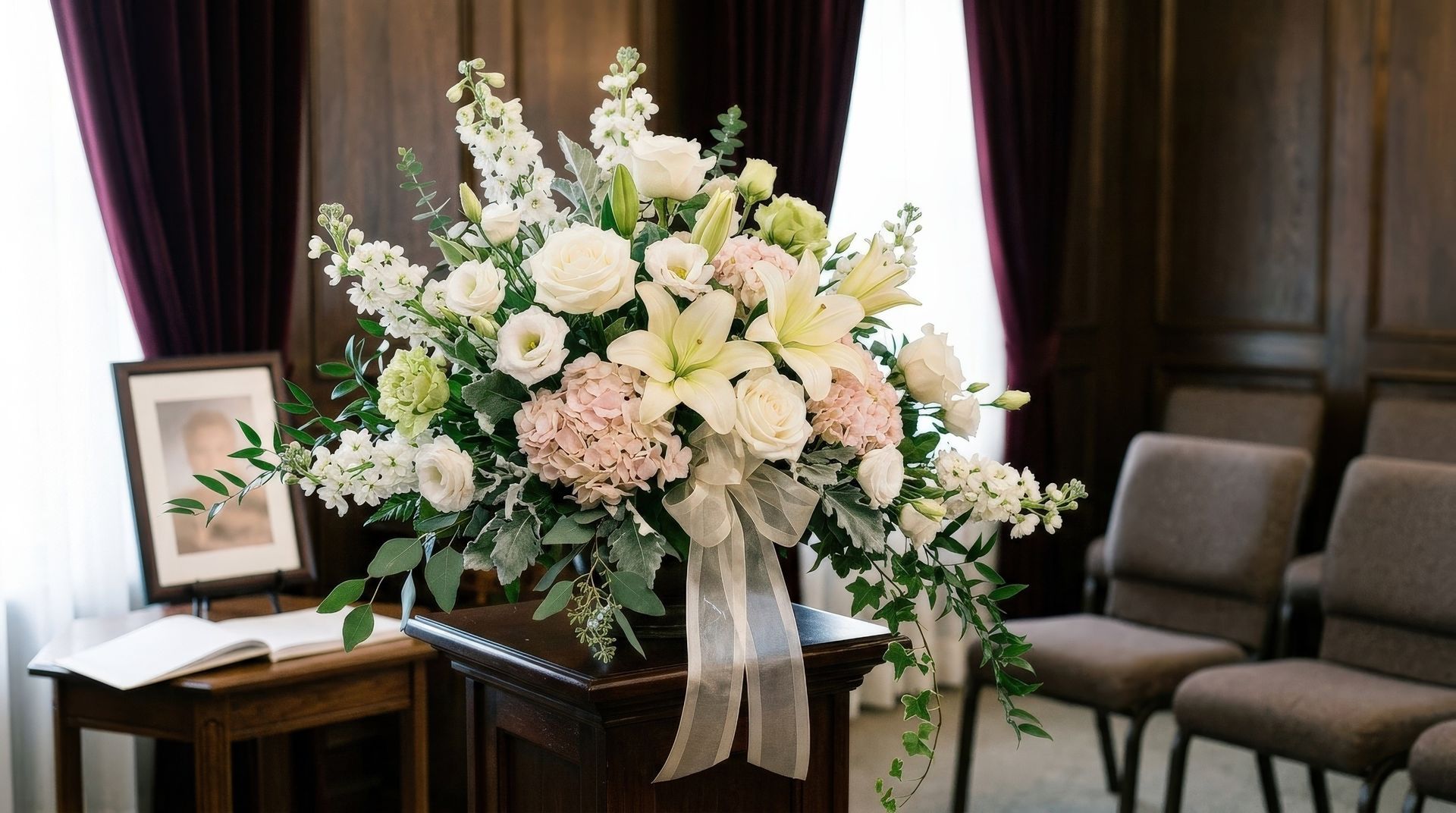 Composition florale blanche et rose pâle sur un support dans une pièce formelle, à côté de tableaux encadrés et de chaises.