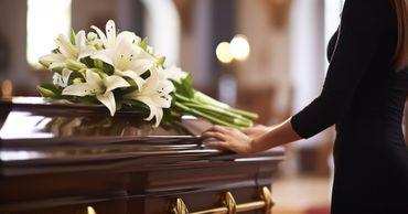 Des lys blancs ornent un cercueil poli, tandis qu'une personne vêtue de noir se tient à côté, dans une chapelle funéraire.