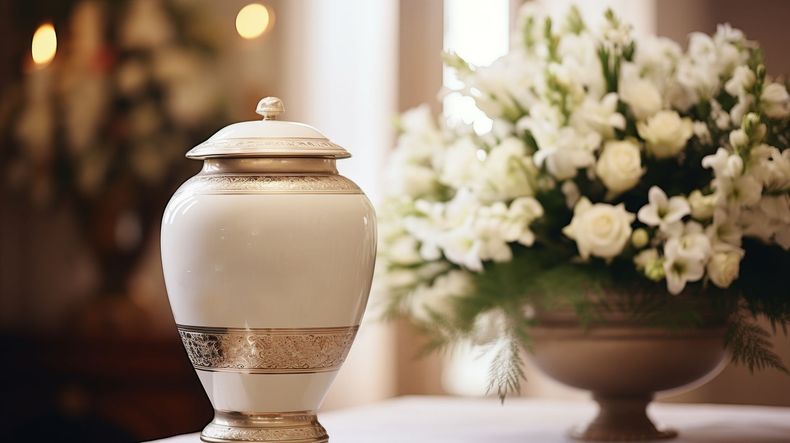 Une urne ornée de détails dorés à côté d'un bouquet de fleurs blanches.