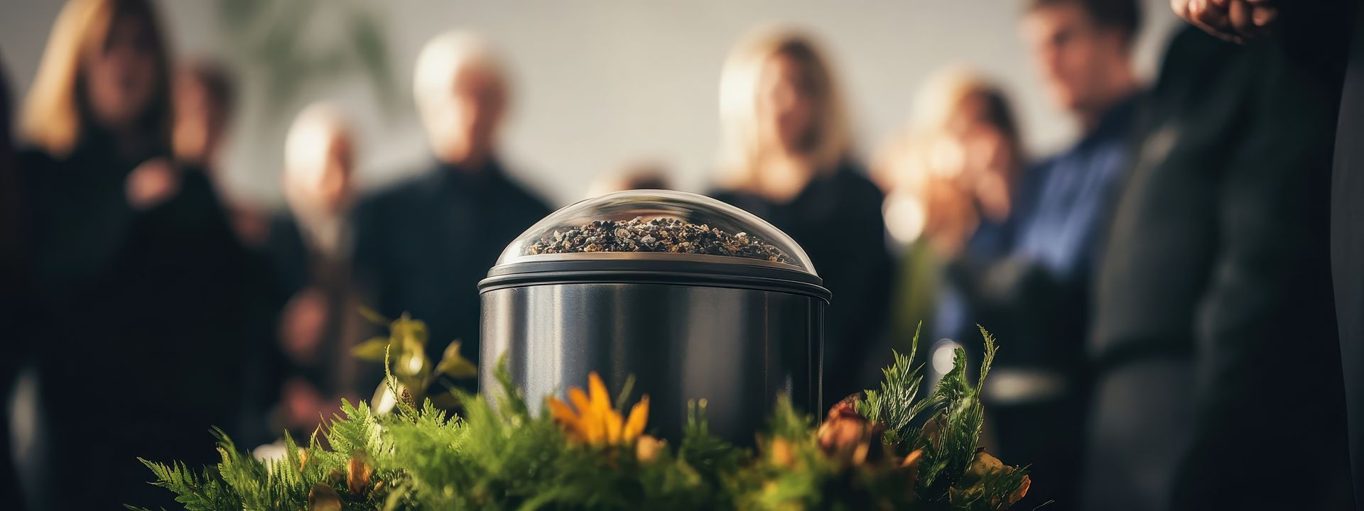 Urne en métal décorée, entourée de fleurs lors d'une cérémonie.