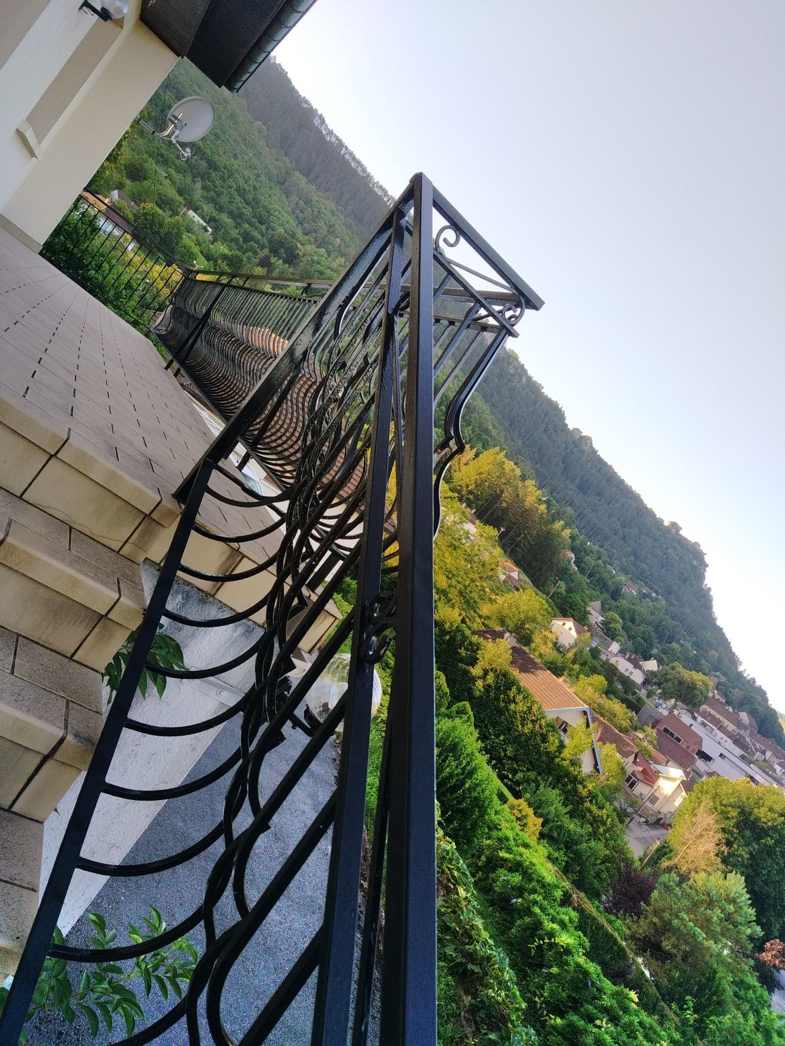 Garde-corps de balcon en fer forgé noir donnant sur une colline verdoyante et des maisons.