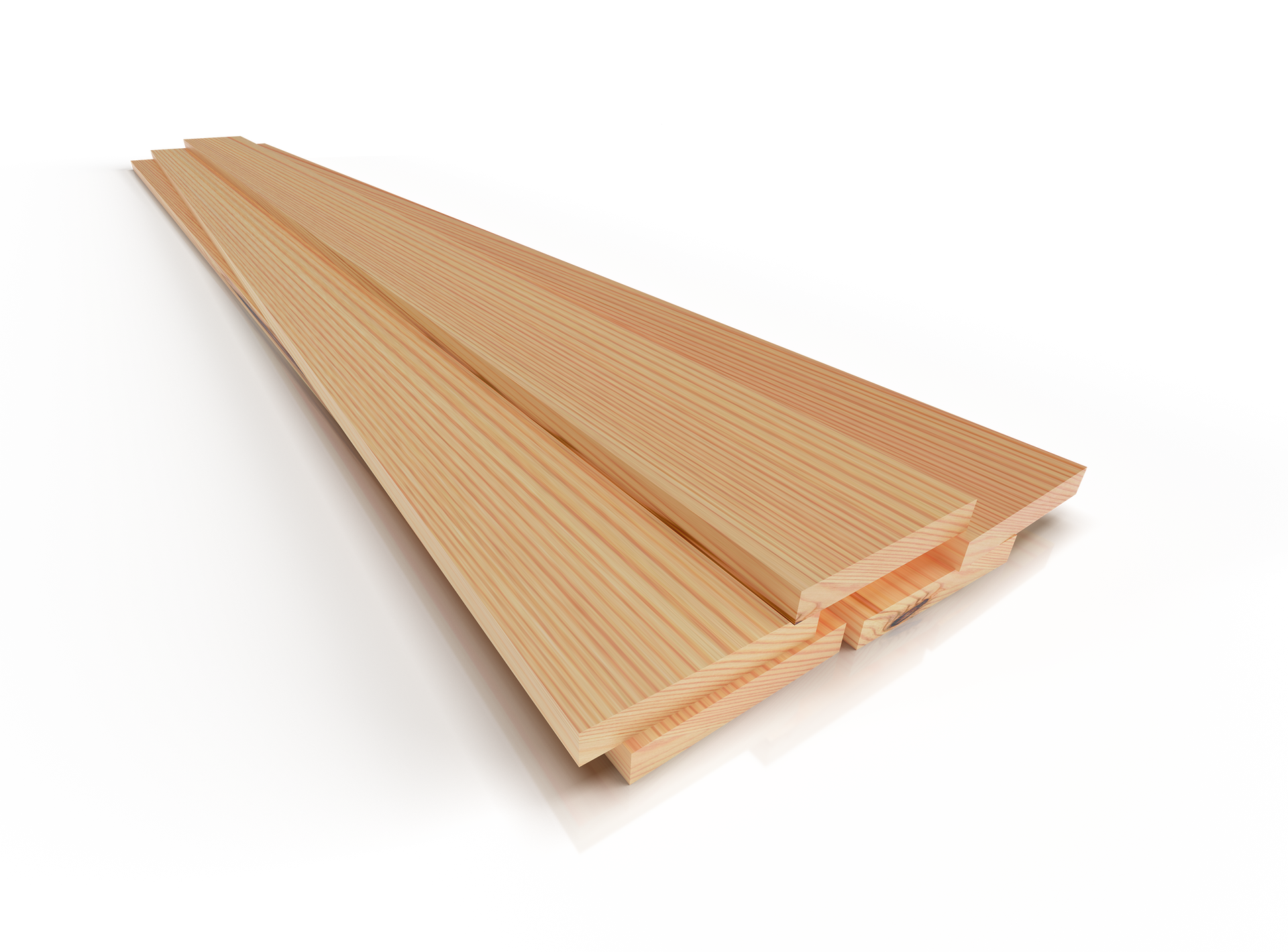 Trois planches de bois empilées, de couleur marron clair, avec des rainures pour l'assemblage.