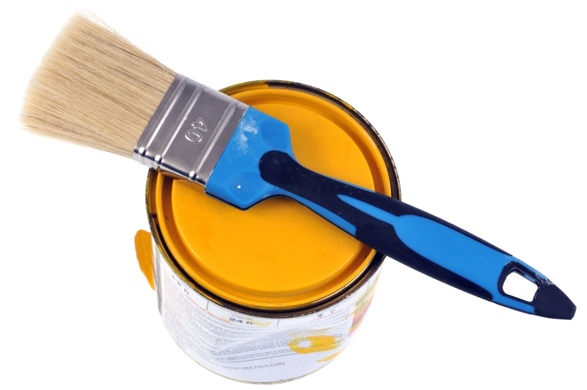 Pot de peinture avec couvercle jaune, pinceau à manche bleu posé dessus.