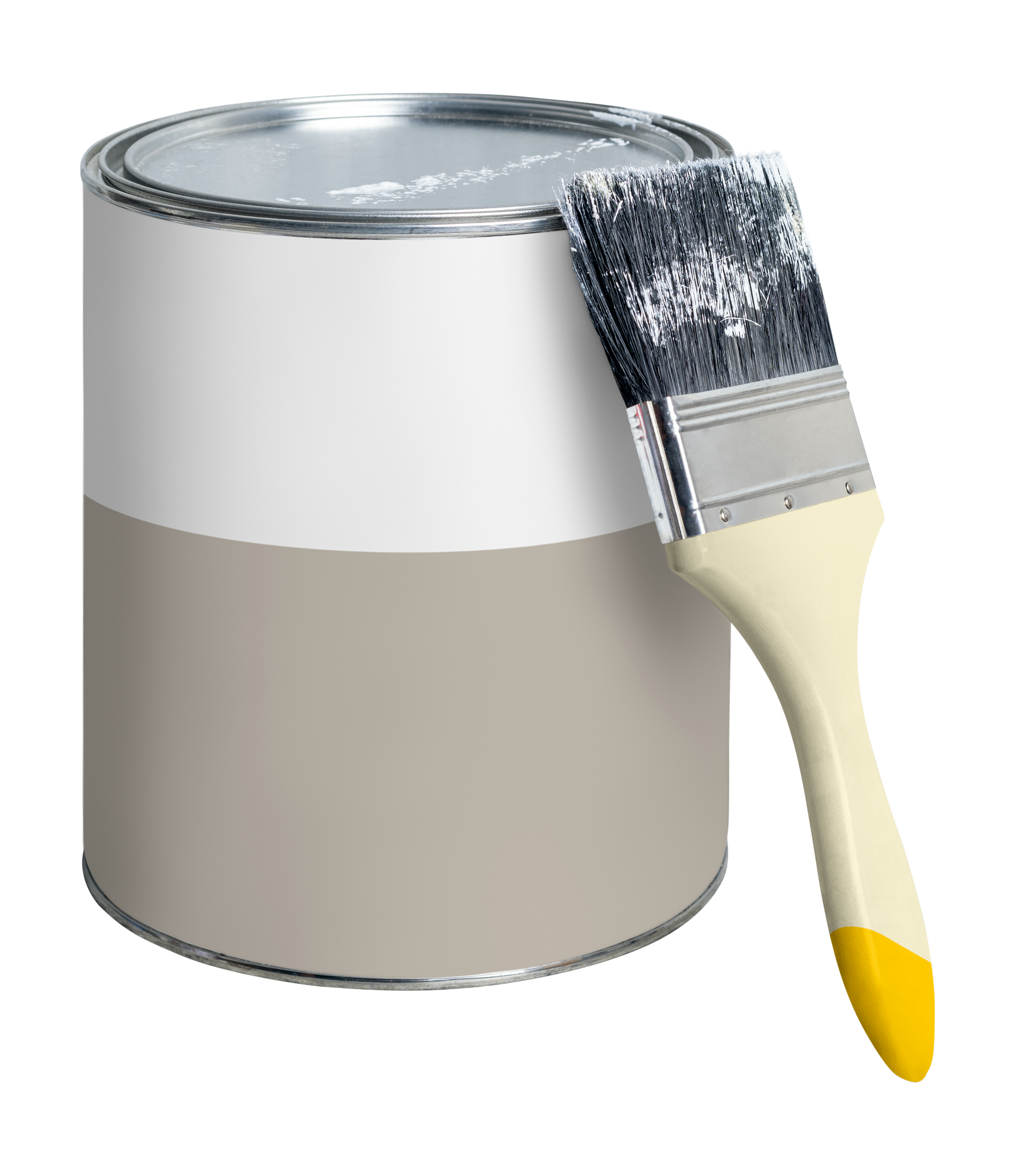 Pot de peinture avec un pinceau posé dessus ; peinture beige et blanc.