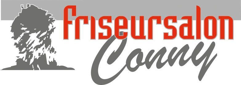 Logo für den Friseursalon „Friseursalon Conny“ mit einem grauen Kopf und rotem Text auf weißem Hintergrund.
