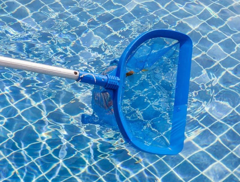Ein blauer Teleskopkescher wird zum Reinigen eines Schwimmbeckens verwendet.