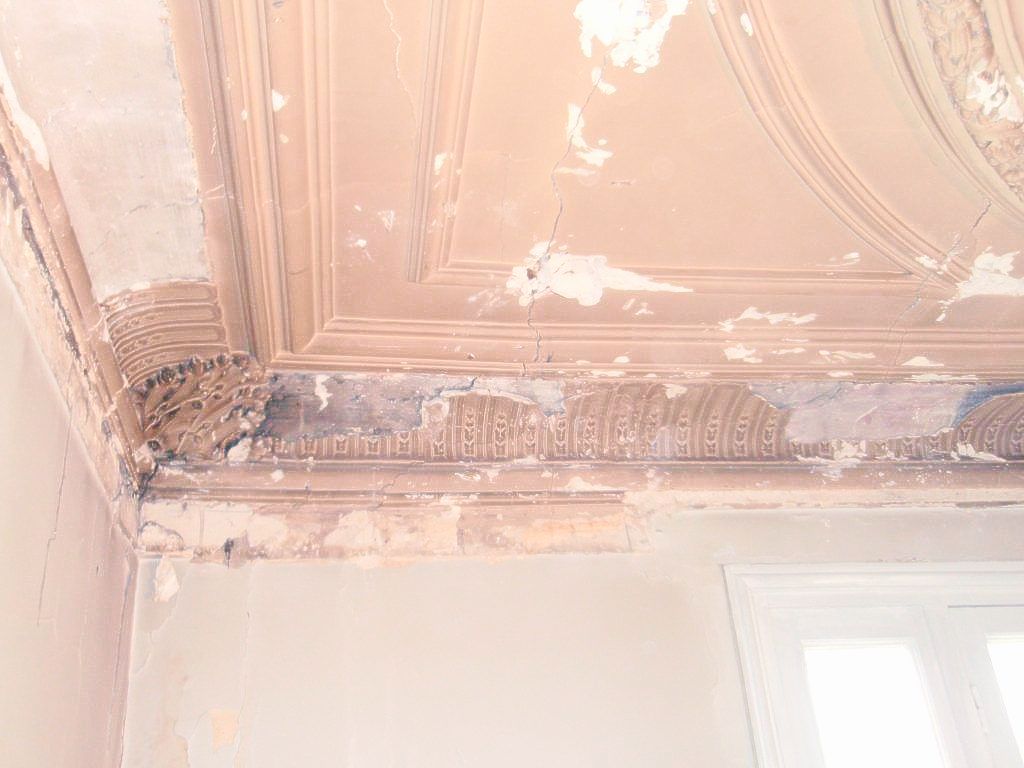 Moulure décorative en plâtre écaillée, sur un angle de plafond, laissant apparaître le matériau.