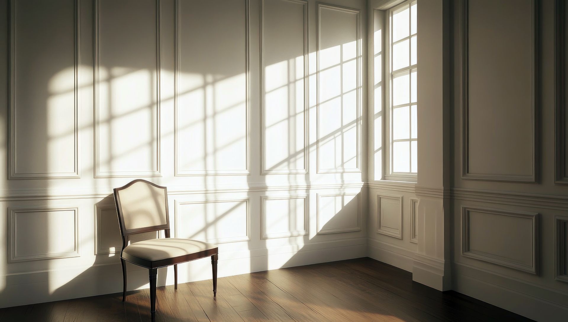 Une chaise claire, placée dans un coin ensoleillé d'une pièce aux murs lambrissés de blanc et au parquet foncé.