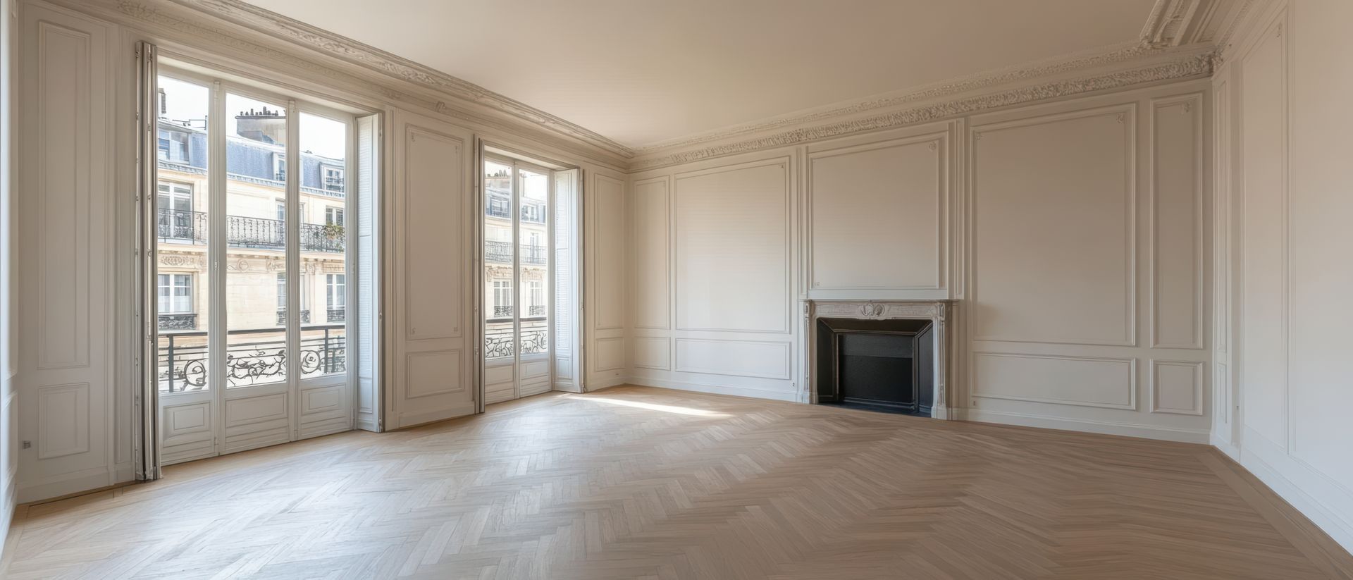 Pièce vide et lumineuse avec un parquet clair à chevrons, des murs blancs lambrissés et une cheminée en pierre.