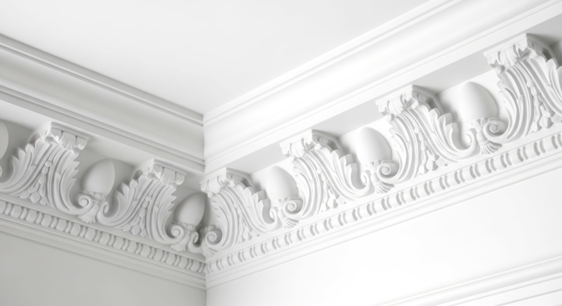 Moulure de corniche blanche ornée de motifs de feuilles d'acanthe et d'oves dans l'angle d'une pièce.