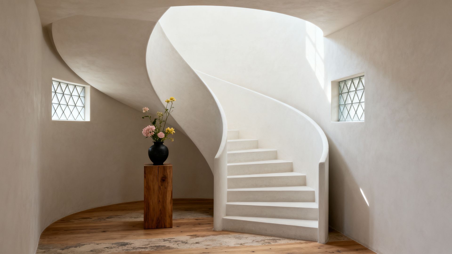 Un escalier blanc lumineux dans une pièce minimaliste avec un parquet, un vase de fleurs au centre et deux petites fenêtres.