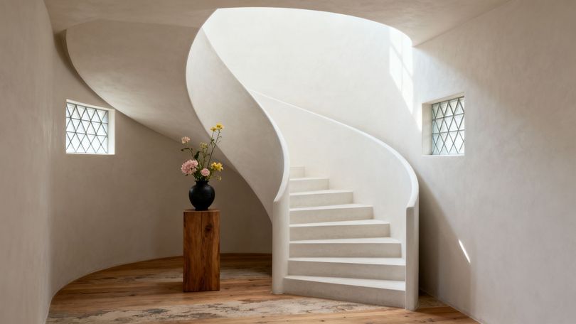 Un escalier blanc lumineux dans une pièce minimaliste avec un parquet, un vase de fleurs au centre et deux petites fenêtres.