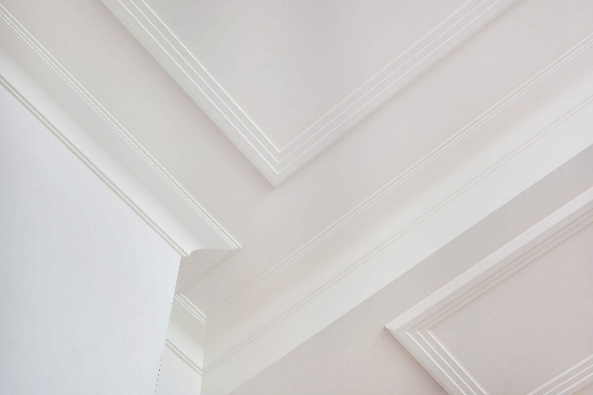 Vue d'une moulure de plafond blanche, présentant une corniche travaillée et des panneaux rectangulaires.