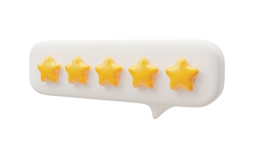 Une bulle 3D de dialogue contenant cinq étoiles jaunes alignées, représentant une note de cinq étoiles.