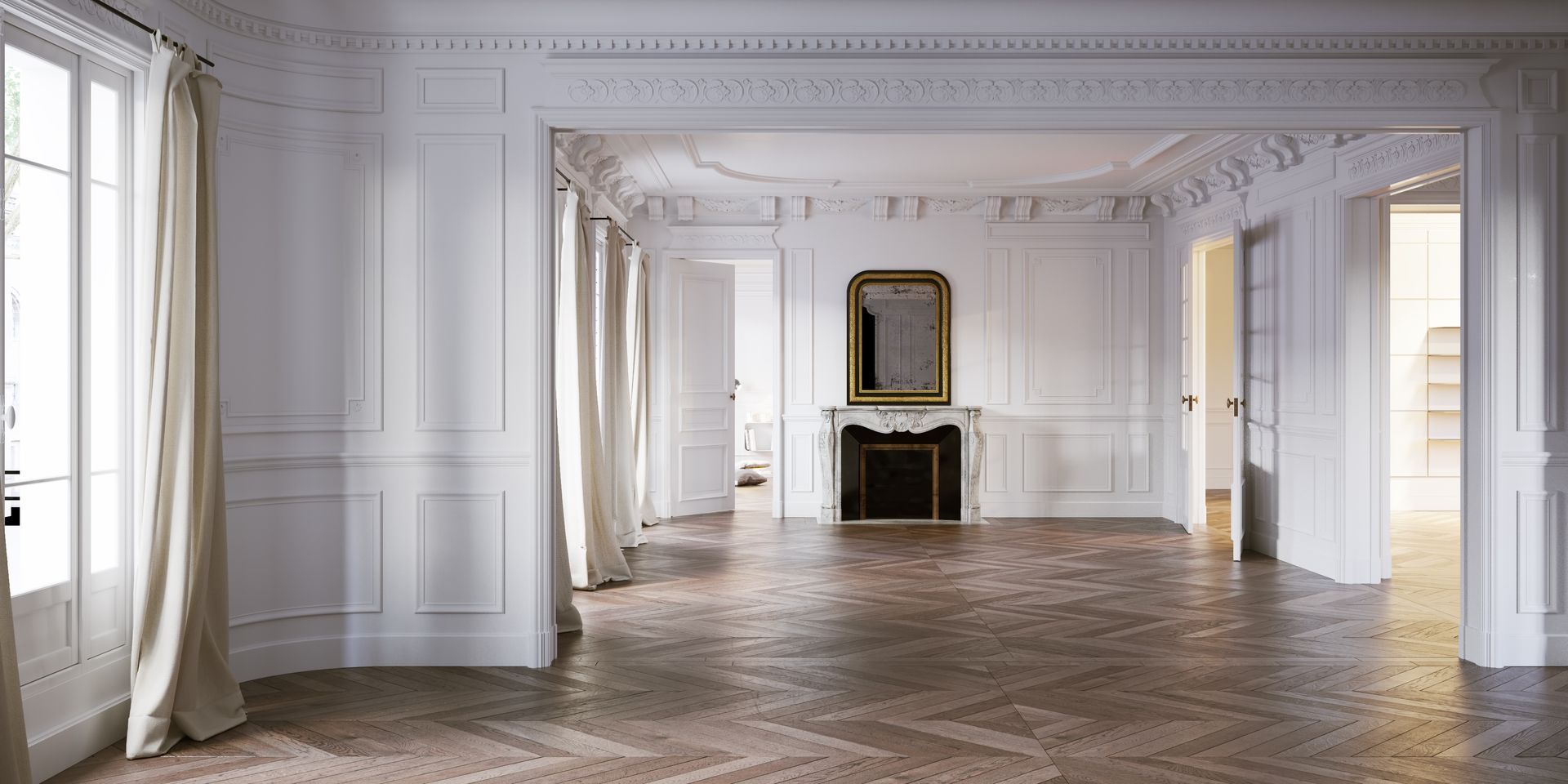 Une pièce vide et élégante, aux murs lambrissés de bois blanc, avec une cheminée en marbre et un parquet à chevrons.