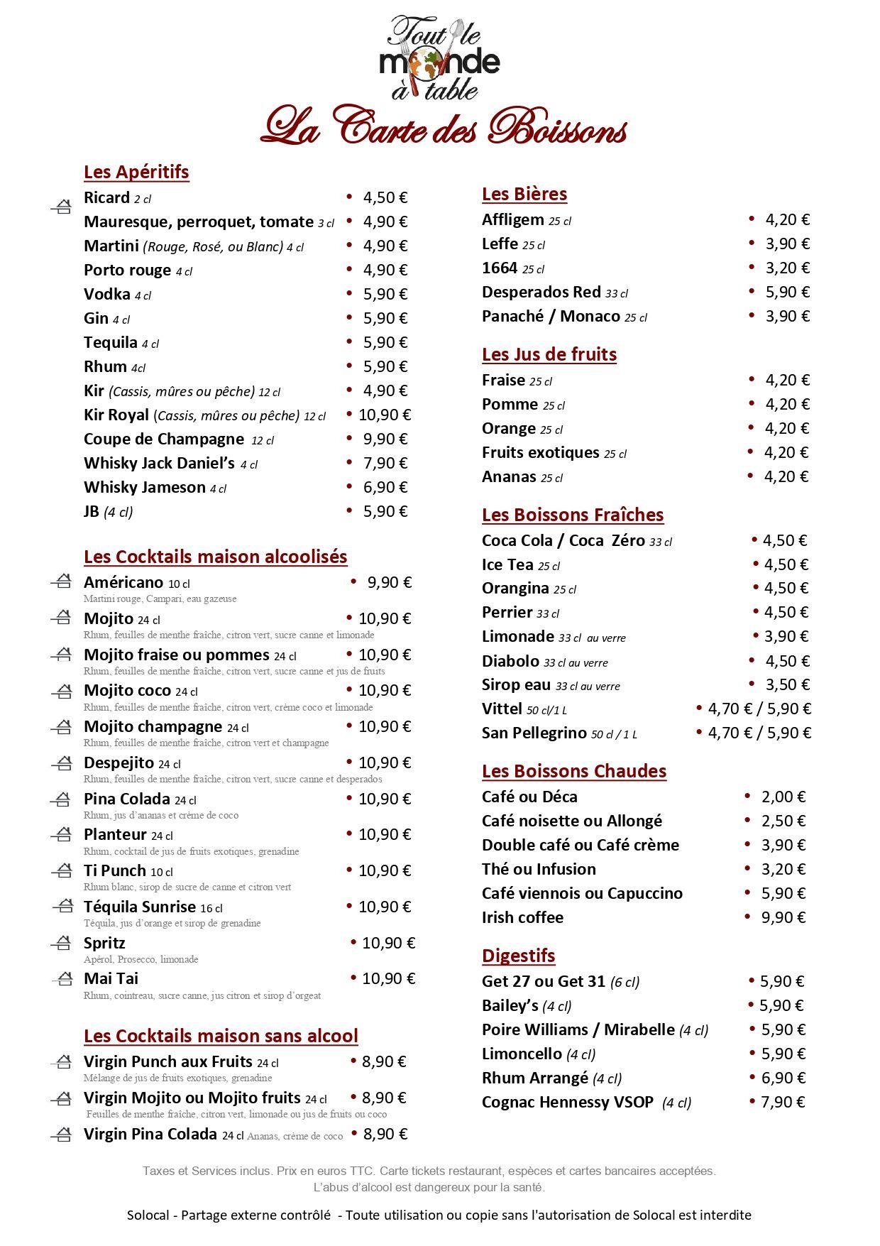 Carte des boissons
