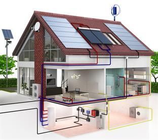 Ein Diagramm eines Hauses mit Sonnenkollektoren auf dem Dach.