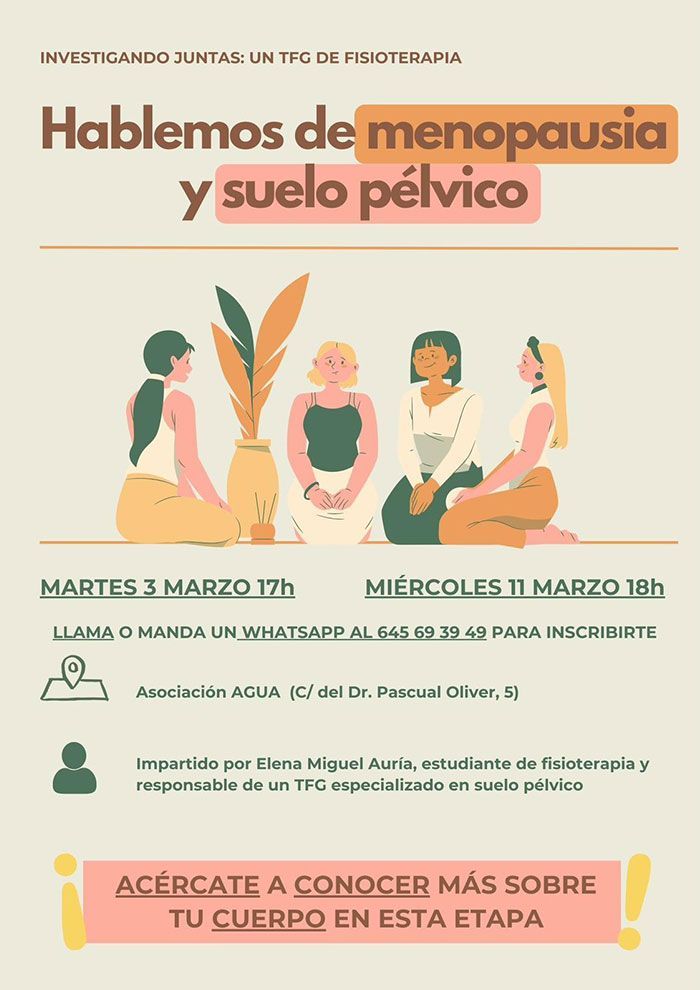 Póster sobre la menopausia y el suelo pélvico con ilustraciones de mujeres. Texto en español.