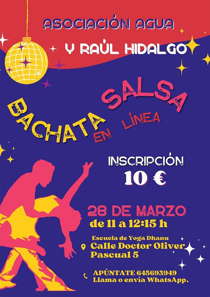 Cartel de evento de baile: Clases de salsa y bachata con Raúl Hidalgo. Fondo azul con bailarines, bola de discoteca y detalles.