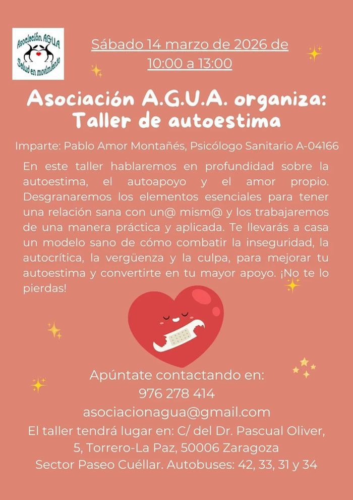 Volante de taller de autoestima de la Asociación AGUA, con corazón, horario y datos de contacto.