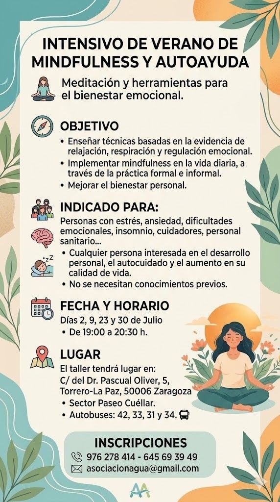 Cartel de retiro de mindfulness y gestión emocional “El Perdón”, del 29 al 31 de mayo, con paisaje sereno y flores.
