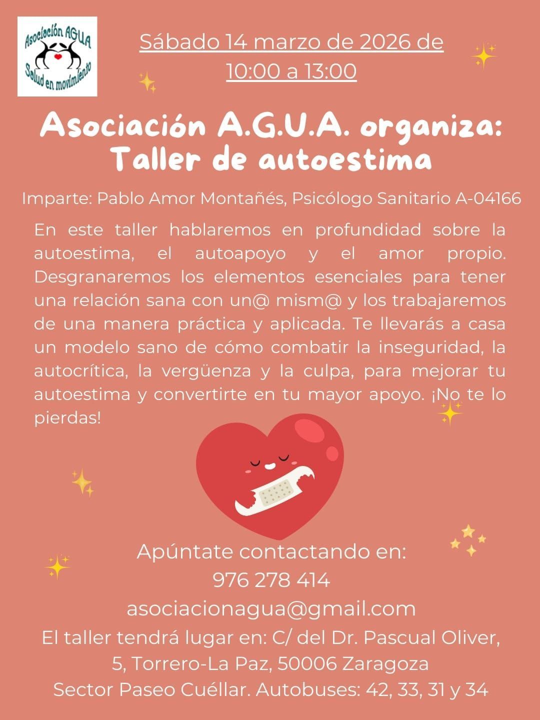Póster de un taller de regulación emocional de la Asociación AGUA en Zaragoza el 7 de febrero de 2026.
