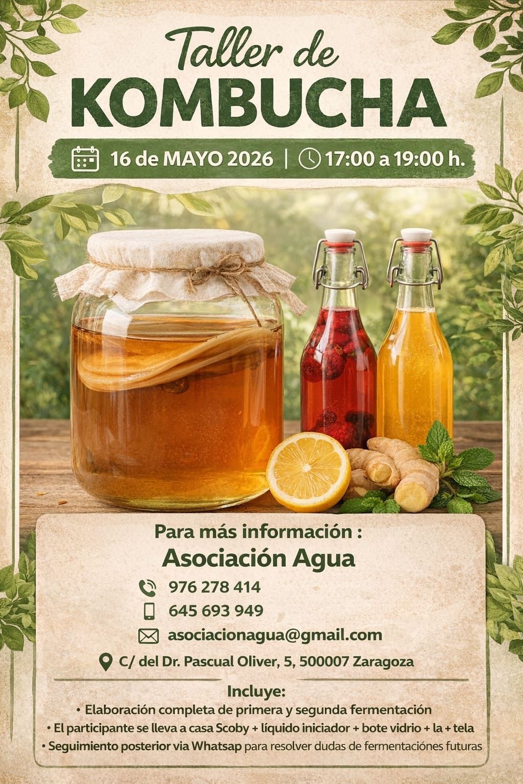 Folleto informativo sobre un taller de kombucha que tendrá lugar en Zaragoza el 16 de mayo de 2026, en el que se muestra un tarro grande y botellas de kombucha.
