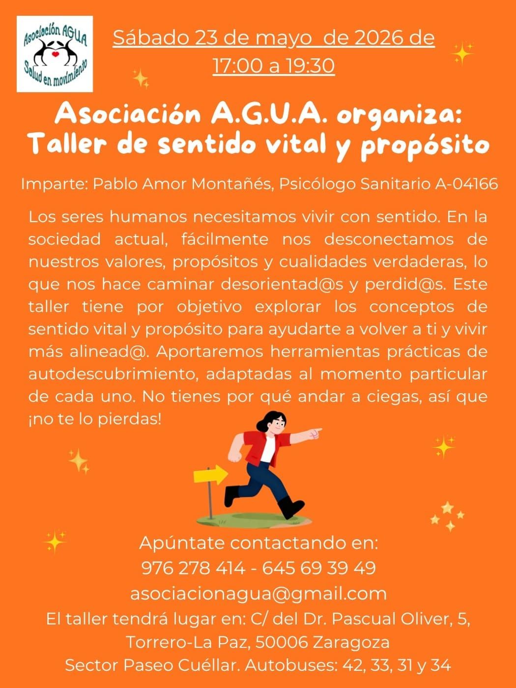 Cartel naranja de A.G.U.A. sobre taller de sonido vital y bienestar con persona meditando.