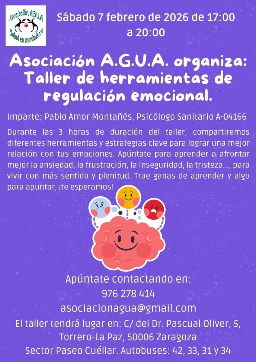 Póster de un taller de regulación emocional de la Asociación AGUA en Zaragoza el 7 de febrero de 2026.