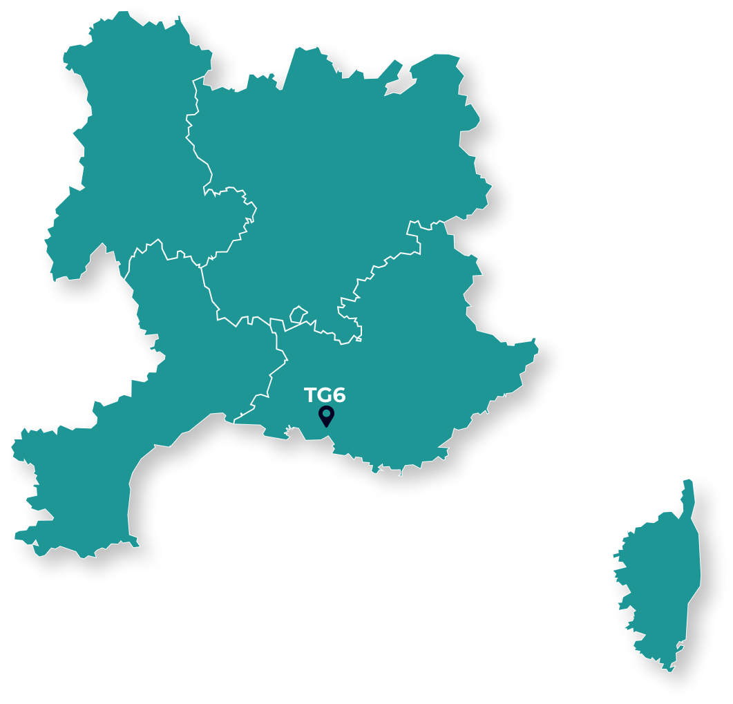 Carte du quart sud-est de la France avec un pointeur sur l'emplacement de l'entreprise TG6