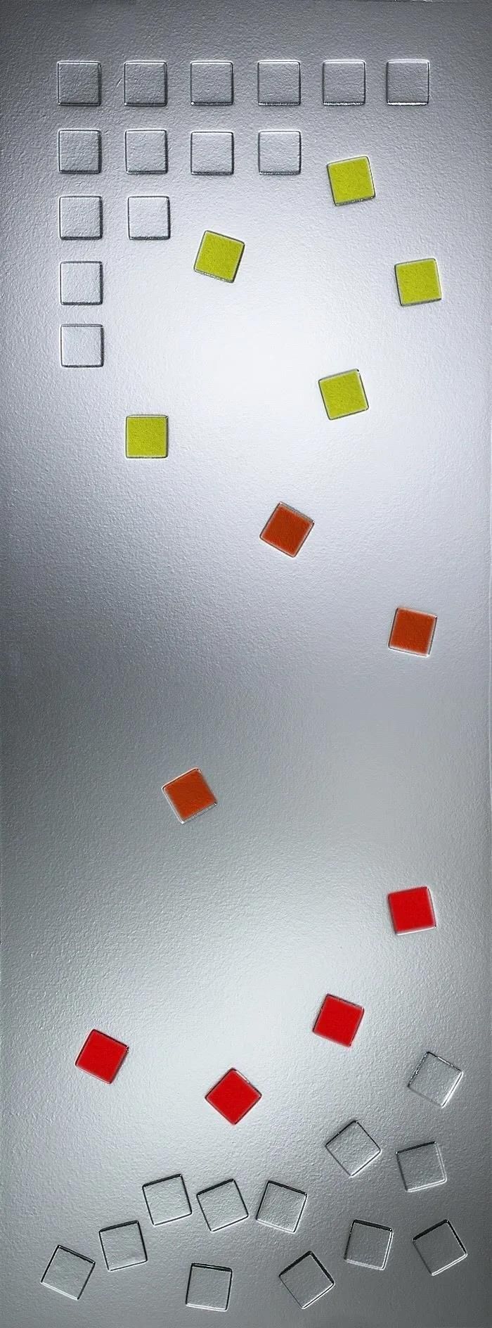 Eine Glastür mit einem Muster aus Quadraten darauf