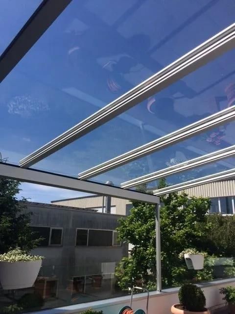 Ein Balkon mit klarem Glasdach und Topfpflanzen