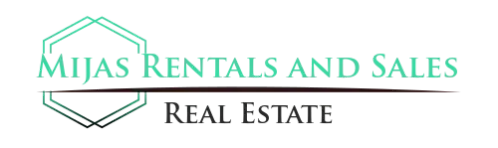 Logotipo para Mijas Rentals and Sales, una inmobiliaria. Presenta un hexágono delineado y texto sobre fondo blanco.