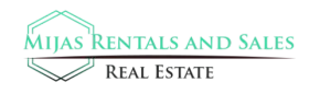 Logotipo para Mijas Rentals and Sales, una inmobiliaria. Presenta un hexágono delineado y texto sobre fondo blanco.