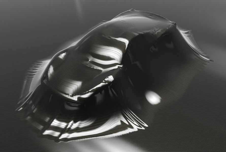 Abstraktes grau-weißes Kunstwerk mit gewellten Oberflächen und Lichtreflexionen.