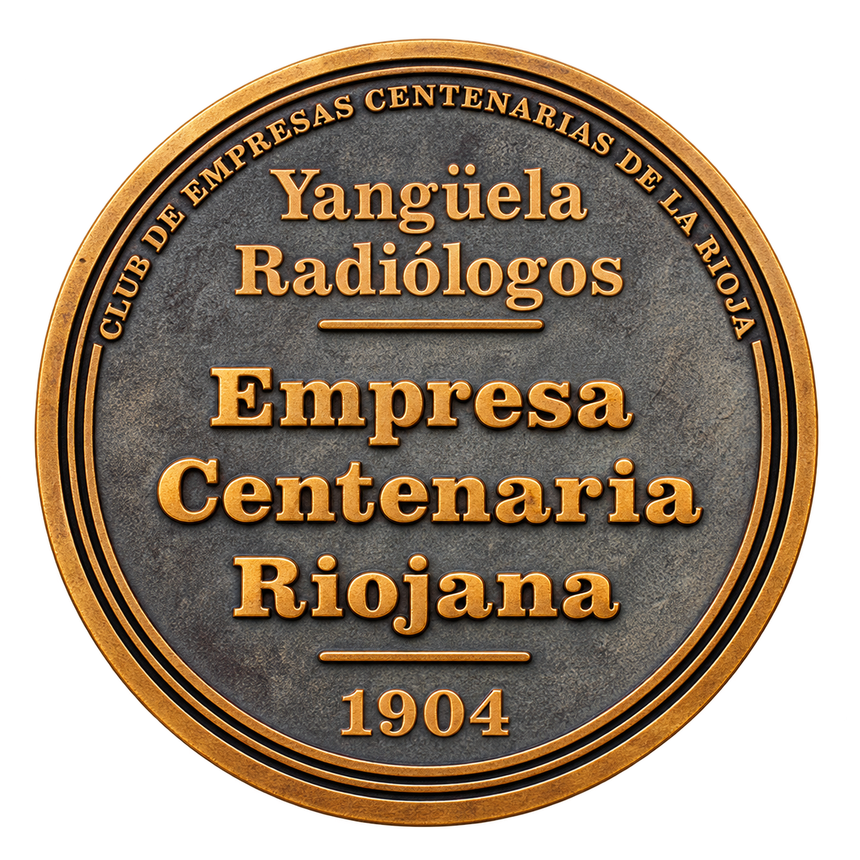 Medallón redondo de bronce con la inscripción «Empresa Centenaria Riojana» y «1904».