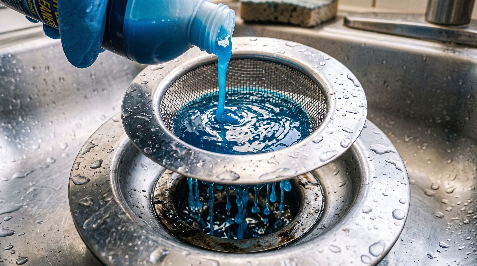 Liquide bleu versé dans une bonde d'évier.