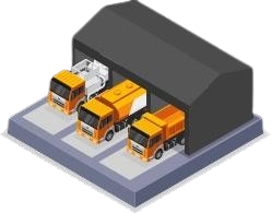Trois camions dans un entrepôt.