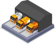 Trois camions dans un entrepôt.