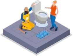 Une femme, un homme et des toilettes.