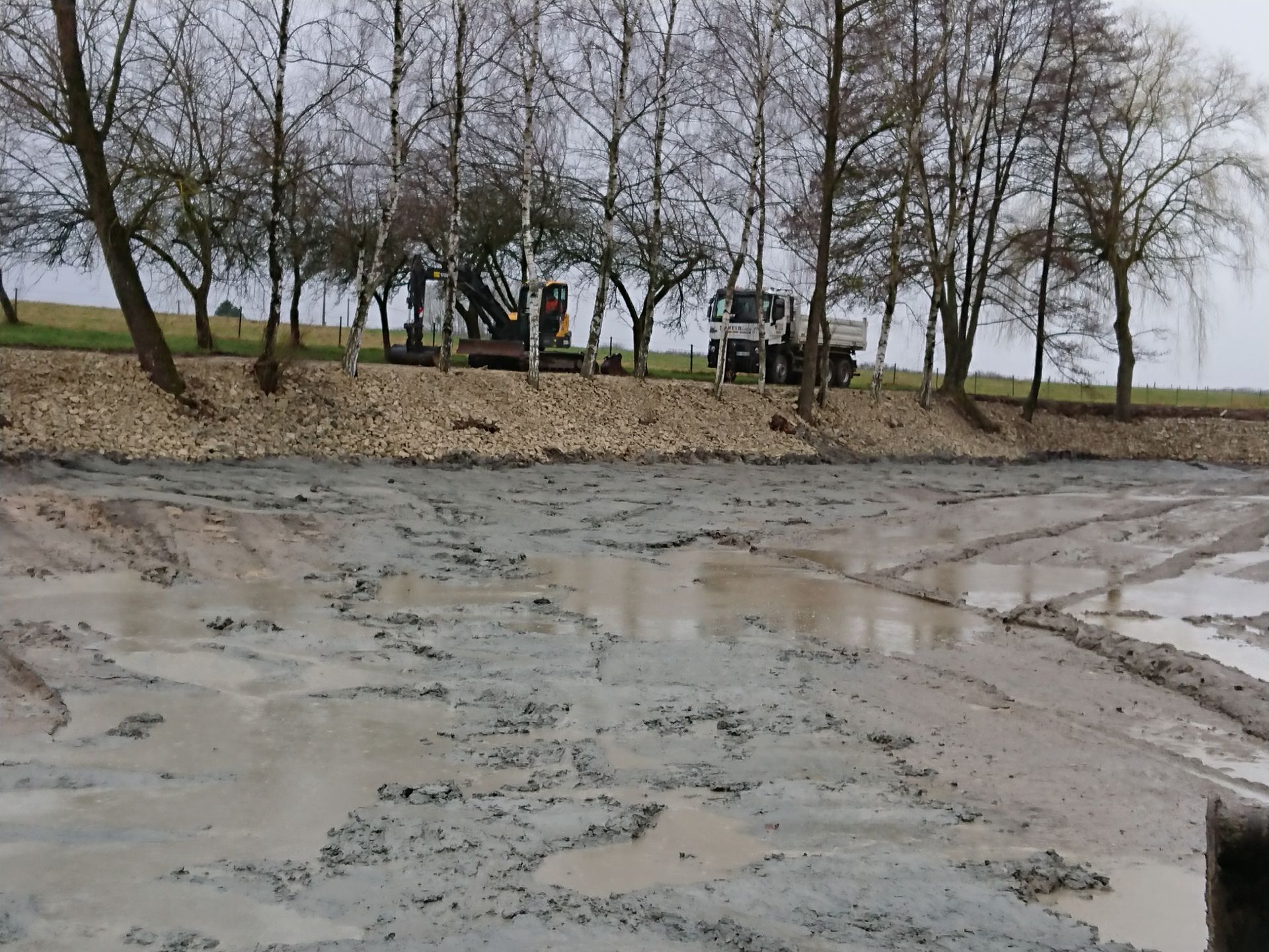 Rive boueuse aux eaux peu profondes, arbres dénudés et une petite maison sur la rive sous un ciel nuageux.